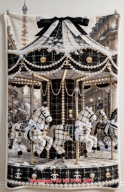 Luxury Chanel Tweed Carousel Flannel Throw Blanket  Paris Eiffel Tower Pearl Print IMG_7200